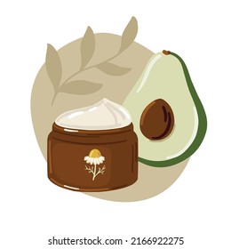 Adagio y crema facial chamomile en tarro de vidrio abierto marrón, ilustración vectorial para producto de belleza.  