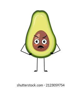 Avocado character with angry emotions, grumpy face, furious eyes, arms and legs. Person with irritated expression, vegetable emoticon. Vector flat illustration