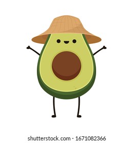 Avocado character design. avocado on white background. Peasant hat vector.