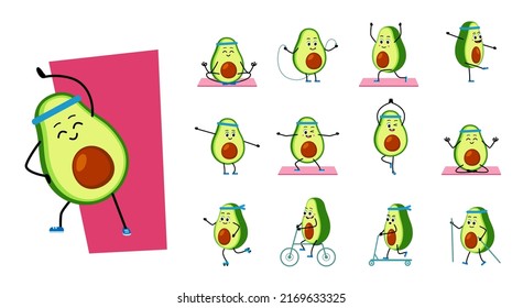 Avocado character does yoga. Outdoor sports. Cartoon Happy avocado on skateboard, nordic walking, cycling, scooter. Set Vector illustration in flat style.