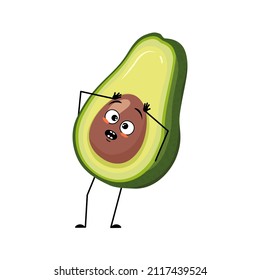 Avocado character with emotions in panic grabs his head, surprised face, shocked eyes, arms and legs. Person with scared expression, vegetable emoticon. Vector flat illustration