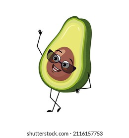 Avocado character with happy emotion with glasses, joyful face, smile eyes, arms and legs. Person with expression, vegetable or fruit emoticon. Vector flat illustration