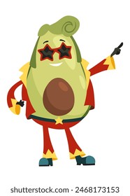 Avocado character with happy emotions. Cheerful vegetable person. Avocado super hero funny cartoon character. Vector flat illustration