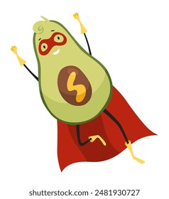 Avocado character with happy emotions. Cheerful vegetable person. Avocado super hero funny cartoon character. Vector flat illustration