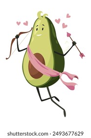 Avocado character with happy emotions. Cheerful vegetable person. Avocado super hero funny cartoon character. Vector flat illustration