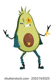 Avocado character with happy emotions. Cheerful vegetable person. Avocado super hero funny cartoon character. Vector flat illustration