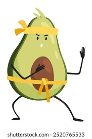 Carácter de aguacate con emociones felices. Persona vegetal alegre. Aguacate super héroe divertido personaje de dibujos animados. Ilustración plana de Vector