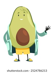 Avocado character with happy emotions. Cheerful vegetable person. Avocado super hero funny cartoon character. Vector flat illustration