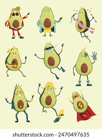 Avocado character with happy emotions, icon set. Cheerful vegetable person, fruit with mask, glasses or hat. Avocado super hero funny cartoon character. Vector flat illustration