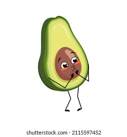 Avocado character with love emotions, smile face, arms and legs. Person with happy expression, vegetable or fruit emoticon. Vector flat illustration