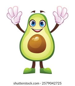 Avocado character raising hands, full of excitement. Vector cartoon illustration