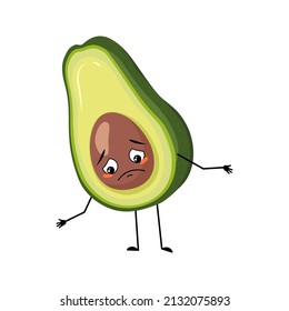 Avocado character with sad emotions, depressed face, down eyes, arms and legs. Person with melancholy expression, vegetable emoticon. Vector flat illustration