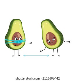 Avocado character with sad emotions, face and mask keep distance, arms and legs. Person with expression, vegetable emoticon. Vector flat illustration