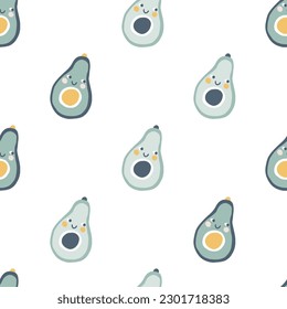 Avocado character seamless pattern with smiley face. Hand-drawn cartoon doodle in simple naive style. Vector illustrations in a pastel palette for kids. Isolate cute fruit on a white background