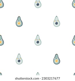 Avocado character seamless pattern with smiley face. Hand-drawn cartoon doodle in simple naive style. Vector illustrations in a pastel palette for kids. Isolate cute fruit on a white background