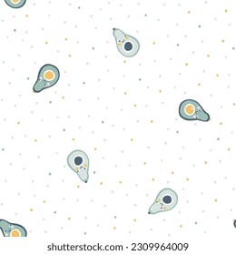 Avocado character seamless pattern with smiley face fruit on a polka dot background. Hand-drawn cartoon doodle in simple naive style. Vector illustrations in a pastel palette for kids