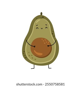 Avocado character with smiling cute facial expression, holding seed. Vector isolated vegetable personage, sticker or with calm and peaceful kawaii face. Ripe berry with hands and legs