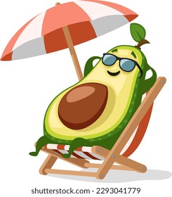 El personaje de aguacate con gafas de sol se sienta en una tumbona. Vacaciones de verano