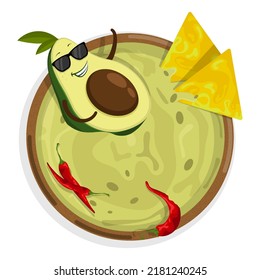 Avocado character swims in bowl of spicy mexican guacamole sauce. Spicy chips. Cartoon vector isolated on white background