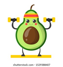Avocado character training with dumbbell vector isolated. Vegan food, green healthy organic vegetable. Fitness in the gym.