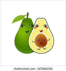 Avocado characters design on white background. Funny cute happy smiling couple of avocado with kid. Vector illustration.