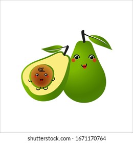 Avocado-Figuren entwerfen sie auf weißem Hintergrund. Fröhlich lächelnde Mutter des Avocado mit Kind. Vektorillustration