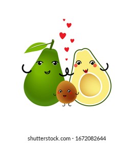 Avocado characters design on white background. Funny cute happy smiling couple of avocado with kid. Vector illustration.