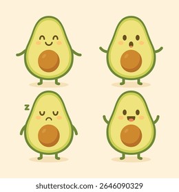Avocado characters with four expressions suitable for social media, food blogs, and healthrelated designs, bringing smiles and a fun touch.