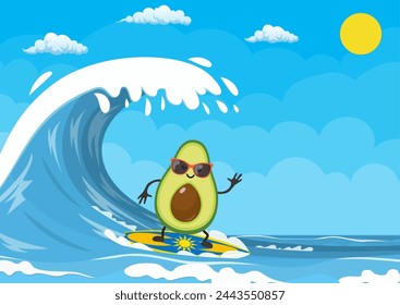 avocado characters surfing on wave. Holidays on the sea. Beach activities. Summer time. Vector illustration in flat style