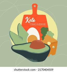 Aguacate con queso y huevo hervido. Diseño plano y colorido a la moda. Concepto de vector de dieta cetogénica. Ilustración moderna de la tipografía retro.