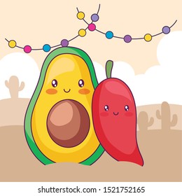 avocado with chili pepper and garlands kawaii character vector illustration design