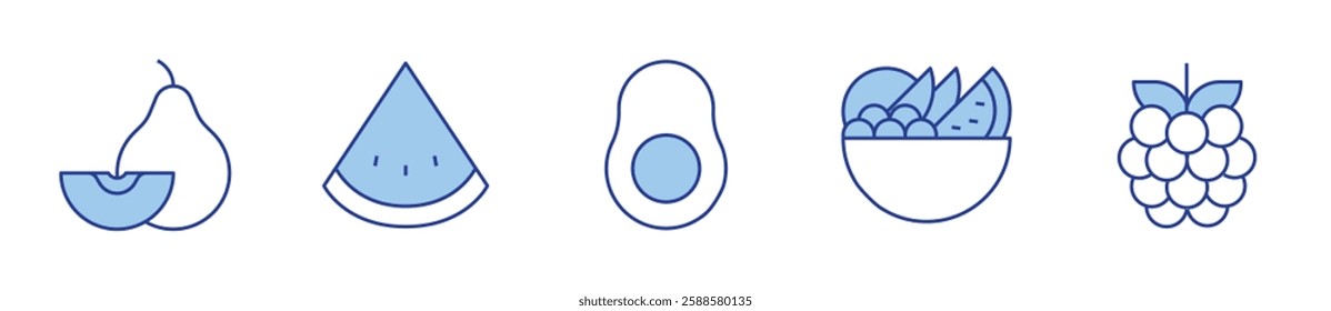 avocado, chinese white pear, fruits, raspberry, watermelon. Fruits Icon vector illustration. Line Duotone style. Editable stroke.