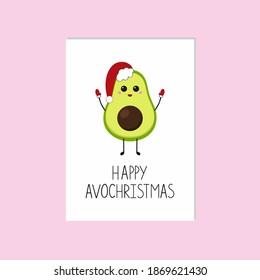 Avocado in a Christmas hat. The inscription merry Christmas and happy new year. Greeting card for the new year.