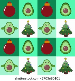Avocado and Christmas pattern with ornaments and trees