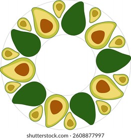 Avocado circle Frame. Vector flat Avocado Background with Space for Text. Ideal for menu, package, cosmetic, textile, cards  Eat green
