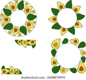 Avocado circle round square Frame set. Vector flat Avocado Background with Space for Text. Ideal for menu, package, cosmetic, textile, cards Eat green
