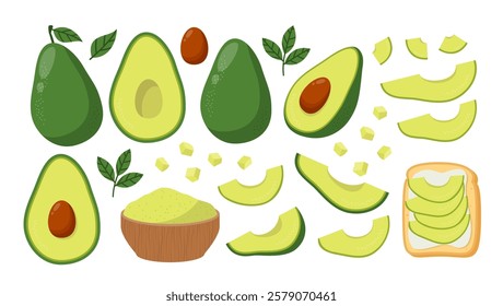 Avocado Collection. Whole, Sliced, Half, Chopped Avocado, 
Guacamole Set.