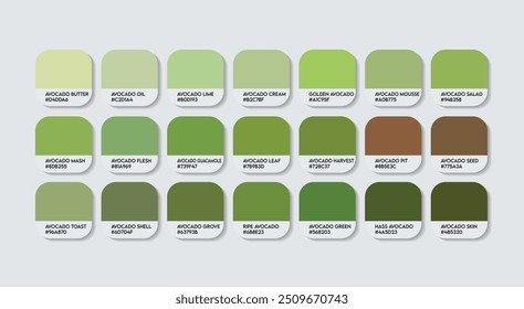 Avocado Color Palette, Avocado Green Color Guide Palette with Color Names. Catalog Samples of Green colors with RGB HEX codes. plastic, paint, natural green colour, Fashion Trend Avocado Color tones