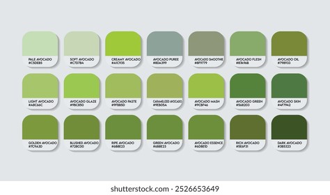 Avocado Color Palette, Avocado Color Guide Palette with Color Names. Catalog Samples of green with RGB HEX codes. paint, natural Avocado variations, Fashion Trend Avocado green color tone shades