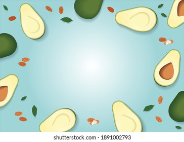 Avocado colorful and almond pattern on a pastel blue background. Decorated with small leaves the healthy whole food concept. Flat lay.
