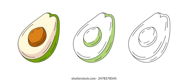 Avocado, colorful and line icons set. Farm vegetable vector outline icon, monochrome and color illustration. Healthy nutrition, organic food, natural product. For sticker, logo, coloring book