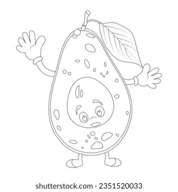 Avocado Coloring Page For Kids. Kawaii coloring page. Coloring book with avocado. Black white illustration