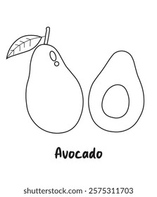 Avocado coloring page vector illustration image on white background for preschool kids activity book - avocado clipart - line art of avocado