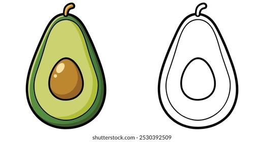 Avocado Coloring Pages For Kids. Vegetable Coloring Book Printable. Half Avocado Illustration Vector Design On White Background