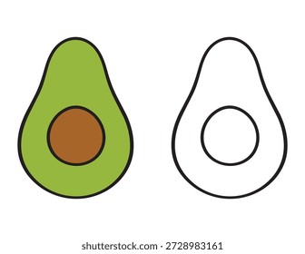Folha de cores de abacate para crianças. Simples fruta de desenho animado com exemplo colorido e contorno para crianças pequenas e pré-escolares 