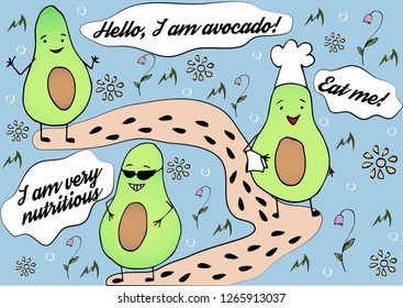 the avocado comic, part 1. Familiarity with avocado. Blue background, avocado character, flowers