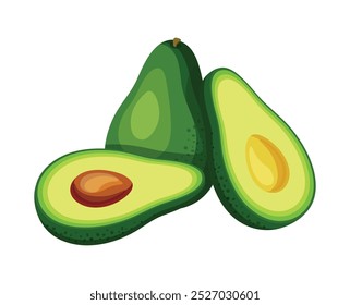 Avocado composition in cartoon style. Vector illustration of a group of fresh and delicious half and whole avocados with and without a bone isolated on a white background. Useful fruits. Healthy food.