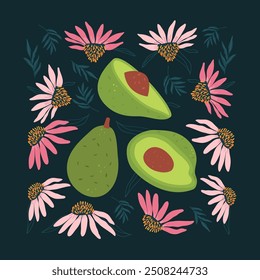 Avocado and coneflowers dark poster. Flowers and fruits background card. Vector hand drawn flat illustration