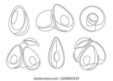 Avocado continuous one line drawing icon set isolated on a white background. Outline avocado fruit collections. Vector illustration