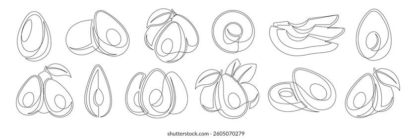 Avocado continuous one line drawing icon set isolated on a white background. Outline avocado fruit collections. Vector illustration